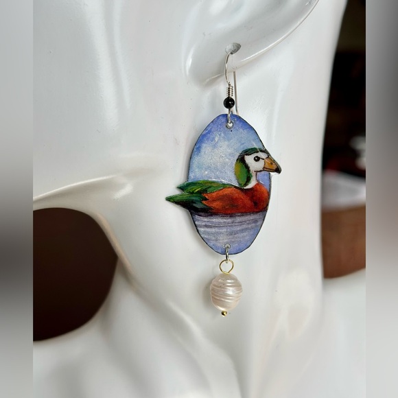 African pygmy geese handpainted earrings sterling birds goose ducks OOAK - Picture 4 of 6